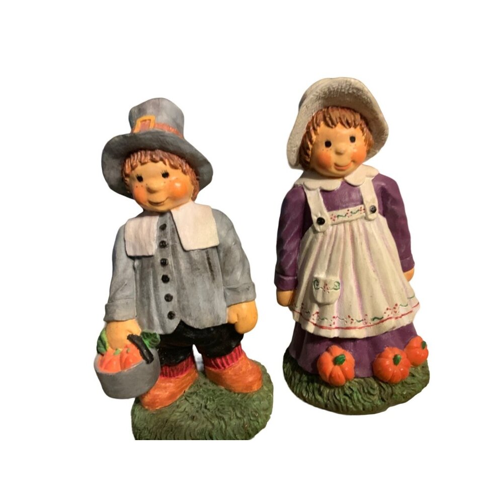 Thanksgiving Pilgrim Boy & Girl Figurine Set - Hand-Painted Resin Decor